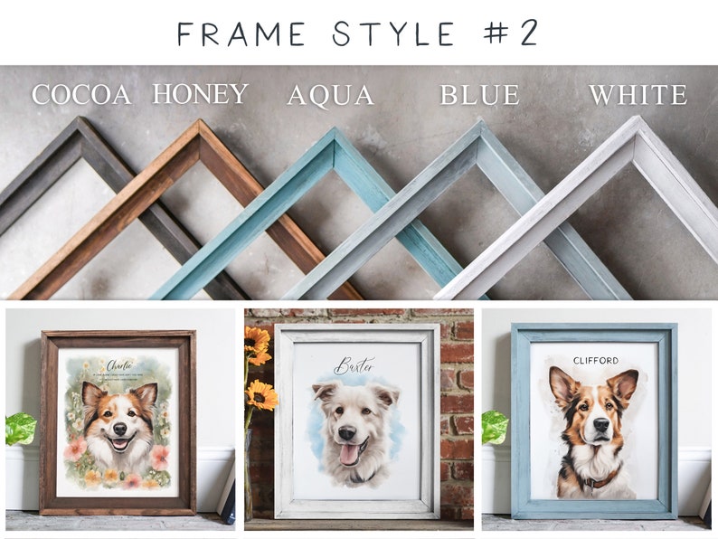 Puede incluir: Tres retratos de mascotas enmarcados con marcos de diferentes colores. Los marcos est&aacute;n etiquetados como "Cocoa", "Honey", "Aqua", "Blue" y "White". Los retratos muestran perros con los nombres "Charlie", "Bartie" y "Clifford" escritos debajo de las im&aacute;genes.