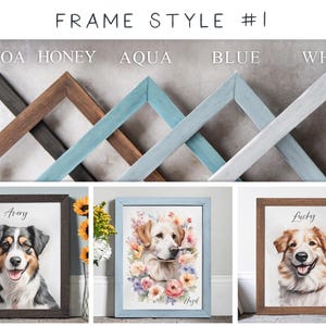 Puede incluir: Tres retratos de mascotas enmarcados con marcos de diferentes colores. Los marcos est&aacute;n etiquetados como "Cocoa", "Honey", "Aqua", "Blue" y "White". Los retratos muestran un perro llamado "Avery", un perro llamado "Hazel" y un perro llamado "Lucky".