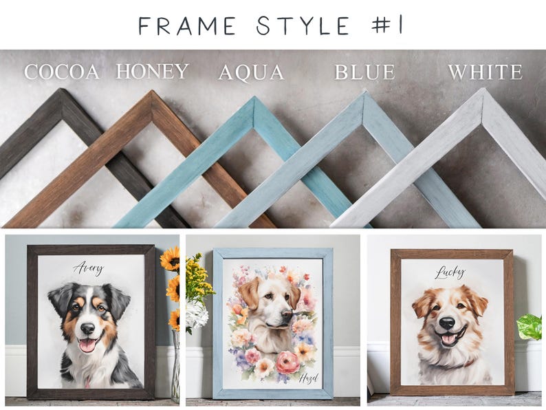 Puede incluir: Tres retratos de mascotas enmarcados con marcos de diferentes colores. Los marcos est&aacute;n etiquetados como "Cocoa", "Honey", "Aqua", "Blue" y "White". Los retratos muestran un perro llamado "Avery", un perro llamado "Hazel" y un perro llamado "Lucky".