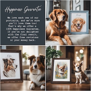 Puede incluir: Cuatro pinturas de acuarela enmarcadas de perros, cada una con un nombre escrito sobre la imagen. Las pinturas est&aacute;n sobre una mesa de madera con una planta verde en el fondo. El texto "Happiness Guarantee" est&aacute; escrito en negro sobre un fondo gris oscuro.