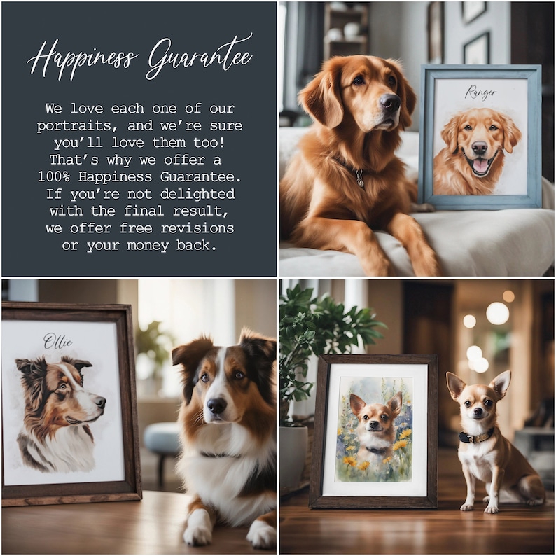 Puede incluir: Cuatro pinturas de acuarela enmarcadas de perros, cada una con un nombre escrito sobre la imagen. Las pinturas est&aacute;n sobre una mesa de madera con una planta verde en el fondo. El texto "Happiness Guarantee" est&aacute; escrito en negro sobre un fondo gris oscuro.