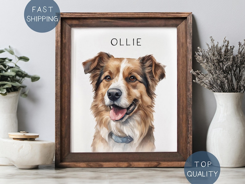 Puede incluir: Una impresi&oacute;n enmarcada de una pintura de acuarela de un perro llamado Ollie. El perro es un border collie marr&oacute;n y blanco con un collar azul. La impresi&oacute;n est&aacute; en un marco de madera marr&oacute;n.