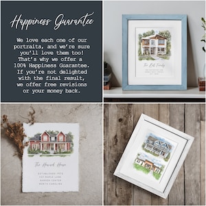 Puede incluir: Tres acuarelas de casas en marcos blancos. Las pinturas est&aacute;n sobre una superficie de madera. El texto en las pinturas dice "The Bell Findy", "The Howard House" y "Establecido en 1973, 132 Maple Lane, Garden Center, Carolina del Norte".