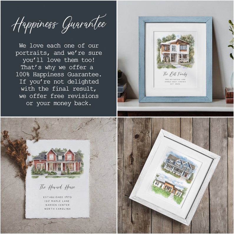 Puede incluir: Tres acuarelas de casas en marcos blancos. Las pinturas est&aacute;n sobre una superficie de madera. El texto en las pinturas dice "The Bell Findy", "The Howard House" y "Establecido en 1973, 132 Maple Lane, Garden Center, Carolina del Norte".