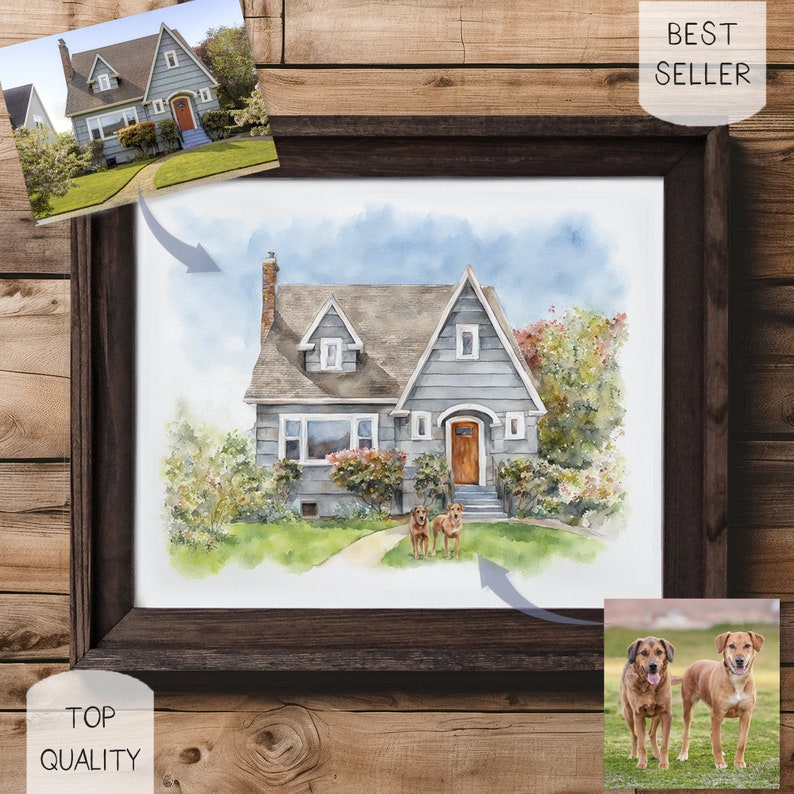 Puede incluir: Pintura acuarela de una casa gris con una puerta marr&oacute;n y dos perros marrones en el jard&iacute;n delantero. La pintura est&aacute; enmarcada en un marco marr&oacute;n oscuro.
