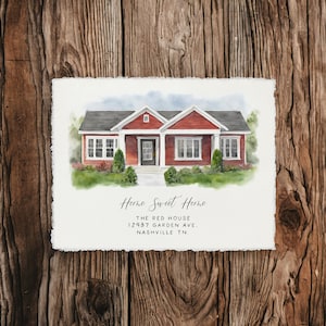 Puede incluir: Pintura de acuarela de una casa roja con molduras blancas y un c&eacute;sped verde. La casa tiene un porche con una barandilla blanca y una puerta blanca. El texto "Home Sweet Home" est&aacute; escrito debajo de la casa, seguido de "The Red House", "12987 Garden Ave." y "Nashville TN."