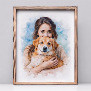 May include: Watercolor painting of a person holding a dog. The person has long brown hair and is wearing a beige sweater. The dog is a golden retriever mix with white markings. The background is a blue watercolor wash.