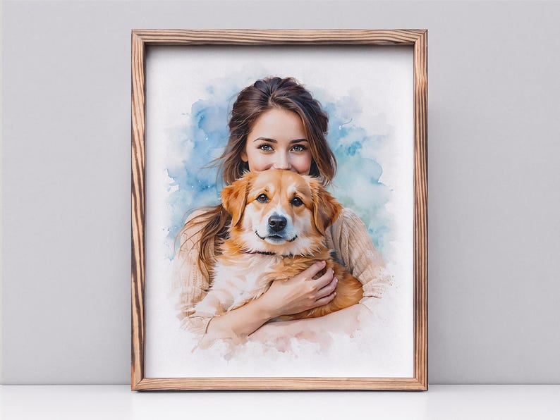 May include: Watercolor painting of a person holding a dog. The person has long brown hair and is wearing a beige sweater. The dog is a golden retriever mix with white markings. The background is a blue watercolor wash.
