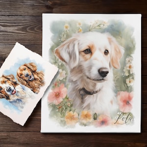May include: Watercolor painting of a white dog with brown markings, surrounded by flowers. The dog's name is Lola.