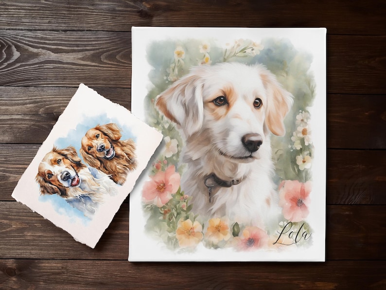 May include: Watercolor painting of a white dog with brown markings, surrounded by flowers. The dog's name is Lola.