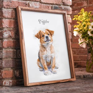 May include: A framed watercolor painting of a brown and white dog with the name "Waffles" written above it.