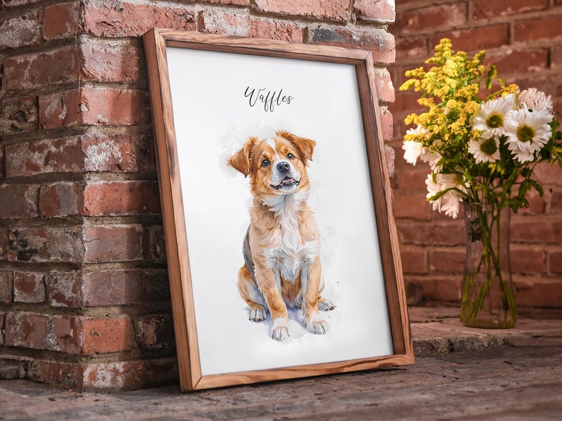 May include: A framed watercolor painting of a brown and white dog with the name "Waffles" written above it.
