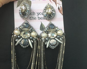 Silver Dangle Earrings, Long Gray Earrings, Bohemian Earrings, Bridesmaid Earrings, Bachelorette Party Earrings.