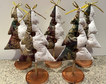 Handmade Fabric Christmas Tree: Birch Stand, Button Accent, 10.5" Tall