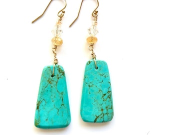 Handmade Vintage Turquoise & Citrine Dangle Earrings with Vintage Bead Accents