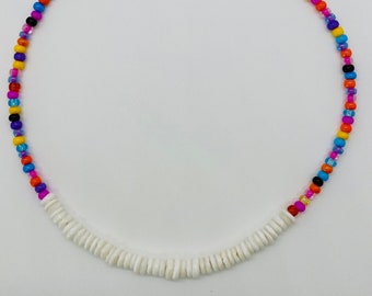 70s Inspired Multi-Color Beaded Necklace - Nostalgic Beachy Jewelry with Polished White Shell Beads