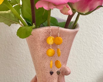 Handmade Dangle Earrings - Unique Yellow Dyed Polished Shell with Hematite Heart Drops - Lightweight & One-of-a-Kind