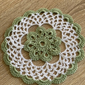 Sage Green and White Handcrafted Vintage look Crocheted Doilies Set of 6 A blend of retro and modern chic for your home. image 1