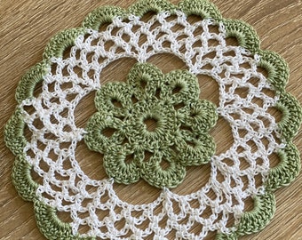 Sage Green and White Handcrafted Vintage (look) Crocheted Doilies (Set of 6) - A blend of retro and modern chic for your home.