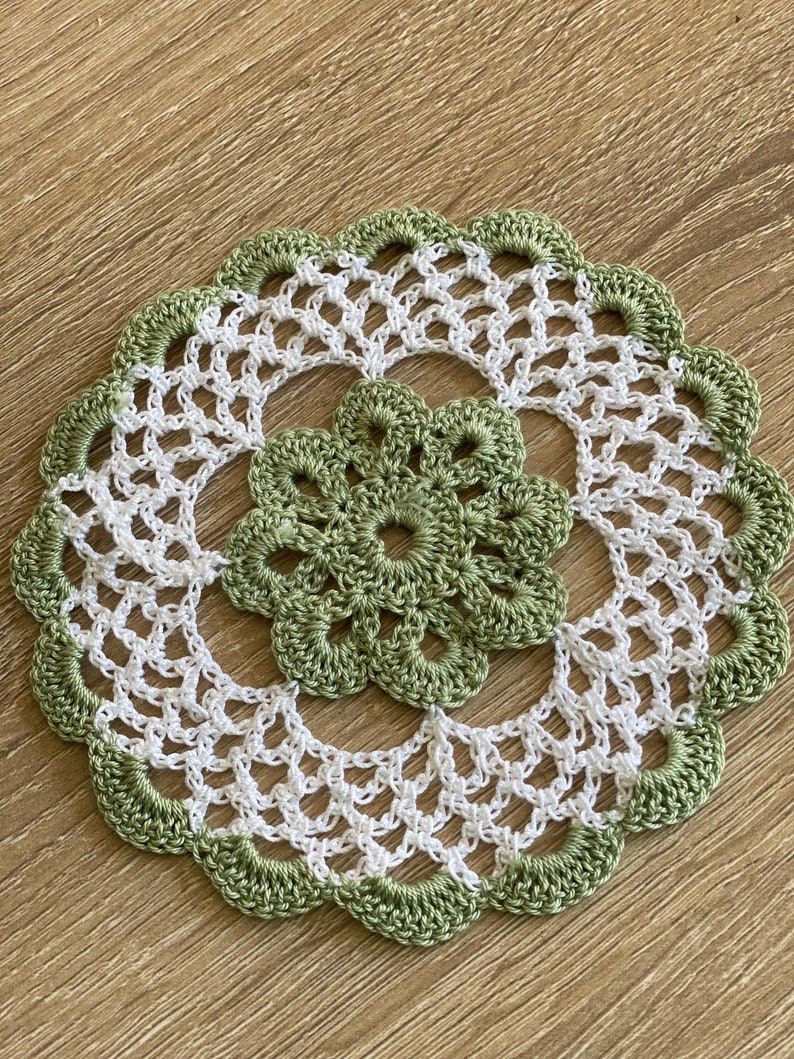 Sage Green and White Handcrafted Vintage look Crocheted Doilies Set of 6 A blend of retro and modern chic for your home. image 1