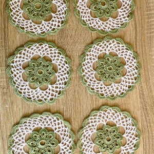 Sage Green and White Handcrafted Vintage look Crocheted Doilies Set of 6 A blend of retro and modern chic for your home. image 2