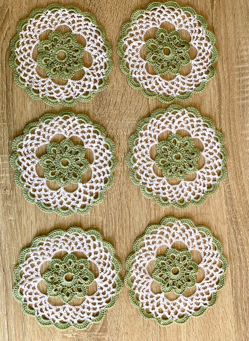 Sage Green and White Handcrafted Vintage look Crocheted Doilies Set of 6 A blend of retro and modern chic for your home. image 2