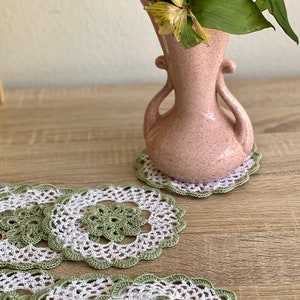 Sage Green and White Handcrafted Vintage look Crocheted Doilies Set of 6 A blend of retro and modern chic for your home. image 3