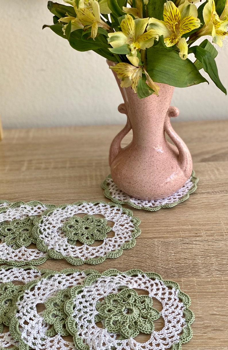Sage Green and White Handcrafted Vintage look Crocheted Doilies Set of 6 A blend of retro and modern chic for your home. image 3