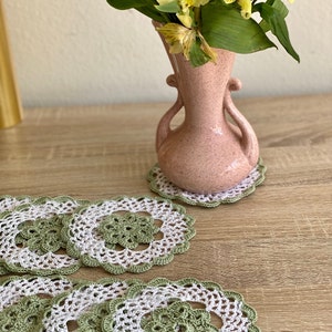 Sage Green and White Handcrafted Vintage look Crocheted Doilies Set of 6 A blend of retro and modern chic for your home. image 4