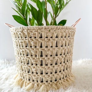 May include: A cream-colored macrame plant hanger with a fringe border. The hanger is made of natural cotton rope and has a woven pattern. A green plant is inside the hanger.