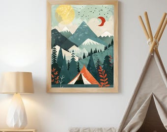 Lámina decorativa para pared con temática de acampada / Decoración infantil de aventura en la montaña / Arte para habitación infantil con temática de tienda de campaña y naturaleza / Póster digital de naturaleza