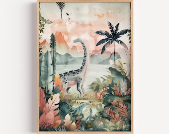 Watercolor Dinosaur Wall Art Printable | Jungle Nursery Decor | Soft Dino Kids Room Digital Download | Gentle Dinosaur Poster