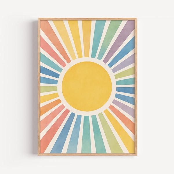 Wall Art Boho Sunburst Poster | Pastel Watercolor Nursery Decor | Toddler Playroom Print | Sunshine Art for Kids Room