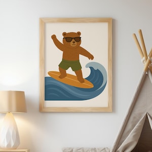 Surfing Bear Wall Art Printable | Beach Animal Nursery Decor | Summer Kids Room Digital Download | Cool Bear on Surfboard Poster