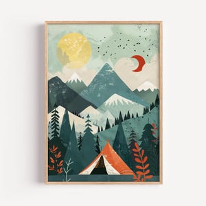 Camping Wall Art Printable | Mountain Adventure Nursery Decor | Tent Wilderness Kids Room Art | Digital Download Nature Poster