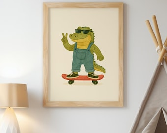 Póster de monopatín de caimán: arte mural de caimán para habitación infantil, imprimible, descarga digital, arte de monopatín