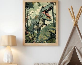 Arte murale stampabile con dinosauro T-Rex / Decorazione per cameretta dei bambini con dinosauro ruggente nella giungla / Download digitale del poster del tirannosauro / Arte con dinosauro per ragazzi