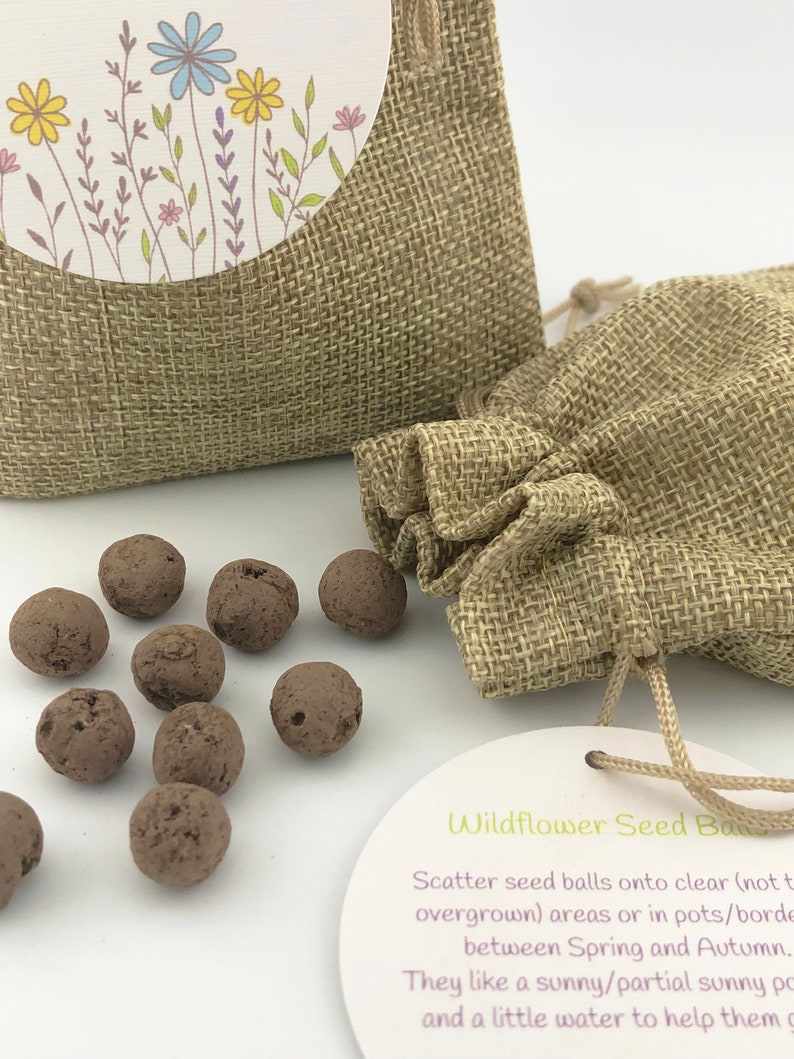 Op de afbeelding: Een klein jute zakje gevuld met bruine wilde bloemen zaadballen. Het zakje heeft een trekkoord sluiting en is vastgebonden met een wit lint. Het zakje ligt op een wit oppervlak. Een wit kaartje met de tekst "Wildflower Seed Balls" ligt naast het zakje. Het kaartje bevat instructies over hoe de zaadballen te planten.