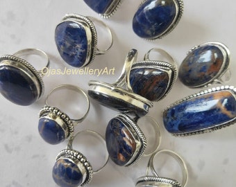 Handmade Sodalite Ring, 925 Silver Plated Boho Statement Jewelry, Natural Crystal Ring For Her, Wholesale Rings Lot