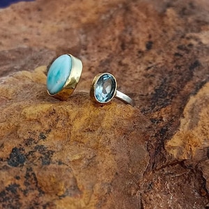Natural Larimar Ring 925 Sterling Silver Ring Handmade Ring Larimar and Blue Topaz Ring, Hammered Ring, Multi Stones Ring, Silver Jewelry
