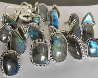 Bague En Argent Massif Avec Labradorite Bleue - Taille 59, Forme Marquise, Neuve Avec étiquettes