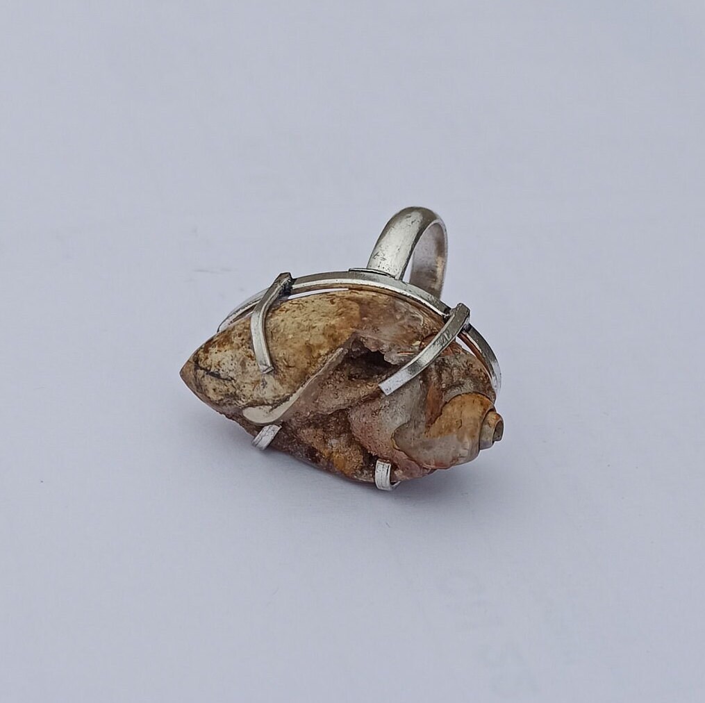 Fossil Druzy Shell Ring: 925 Sterling Silver, Natural Geode  display picture 3