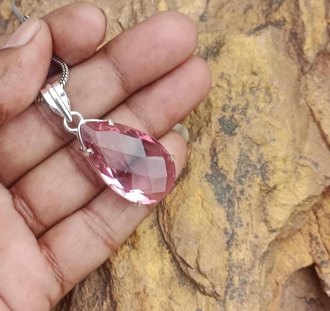 天然ピンクトルマリンクォーツ宝石ペンダント/925スターリングシルバー
