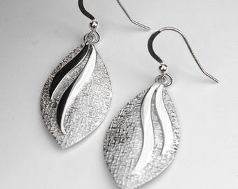 925 Sterling Silver Leaf Earrings, Carved Texture Boho Dangles, Handmade Botanical Jewelry, Birthday Gift for Her