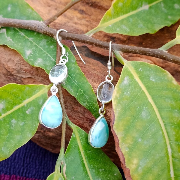 Natural Larimar ,Aqua Marin Gemstone Earring, 925-Sterling Silver Earring, Wedding Earring, Antique Silver Earring, Anniversary Gift Earring