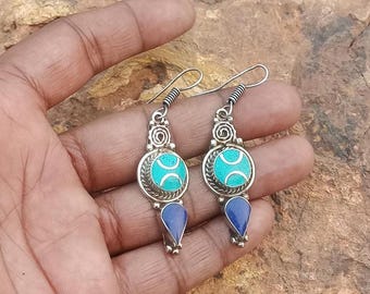 Boho Turquoise Lapis Silver Earrings | Handmade Nepali Tibetan Dangle Earrings | Rustic Vintage Gemstone Jewelry Gift