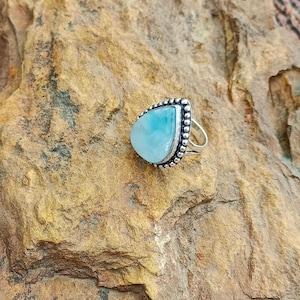 Ocean Larimar Ring, 925 Sterling Silver Ring for Women, Bohemian Jewelry Boho, Simple Ring with Stone, Blue Gemstone, Pear Gemstone Ring