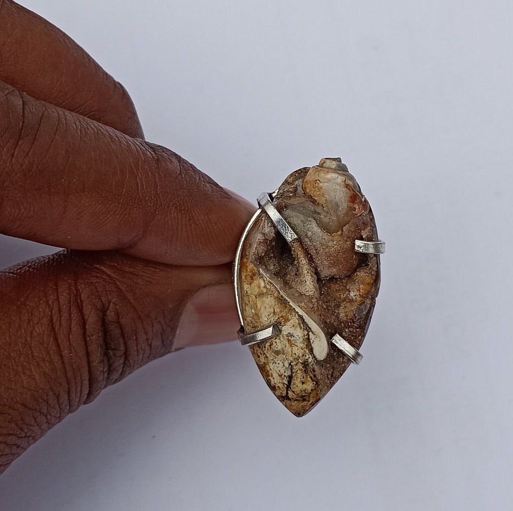 VINTAGE .925 DRUZZY FOSSILIZED SHELL RING Blue Apatite Drusy Fossil Shell Ring 925 Sterling Silver  main image 4