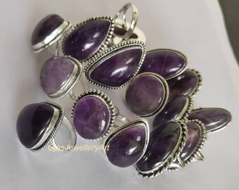 Natural Amethyst Gemstone Rings Lot, Handmade 925 Sterling Silver Plated Jewelry, Boho Wholesale Ring Lot, Gift For Her