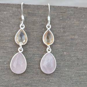 Natürliche Rosenquarz Ohrringe / 925 Sterling Silber Ohrringe / Citrin & Rosenquarz Silber Ohrringe / Handgemachte Ohrringe / Jubiläum Ohrringe